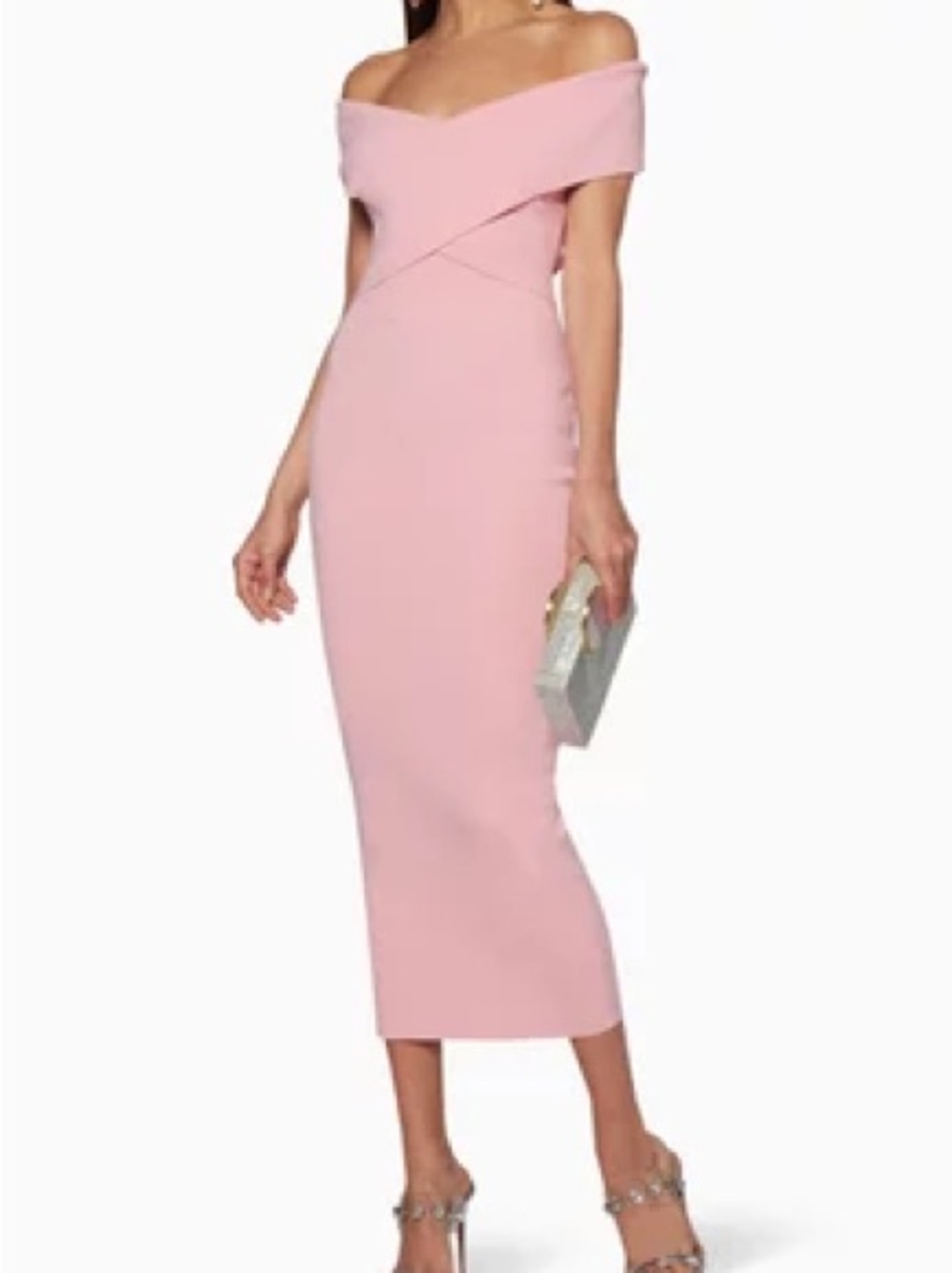 Solace London Coral Off-Shoulder Midi Dress